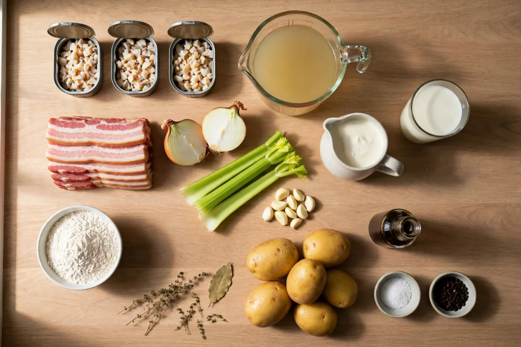 clam chowder ingredients flatlay canned clams bacon potatoes celery