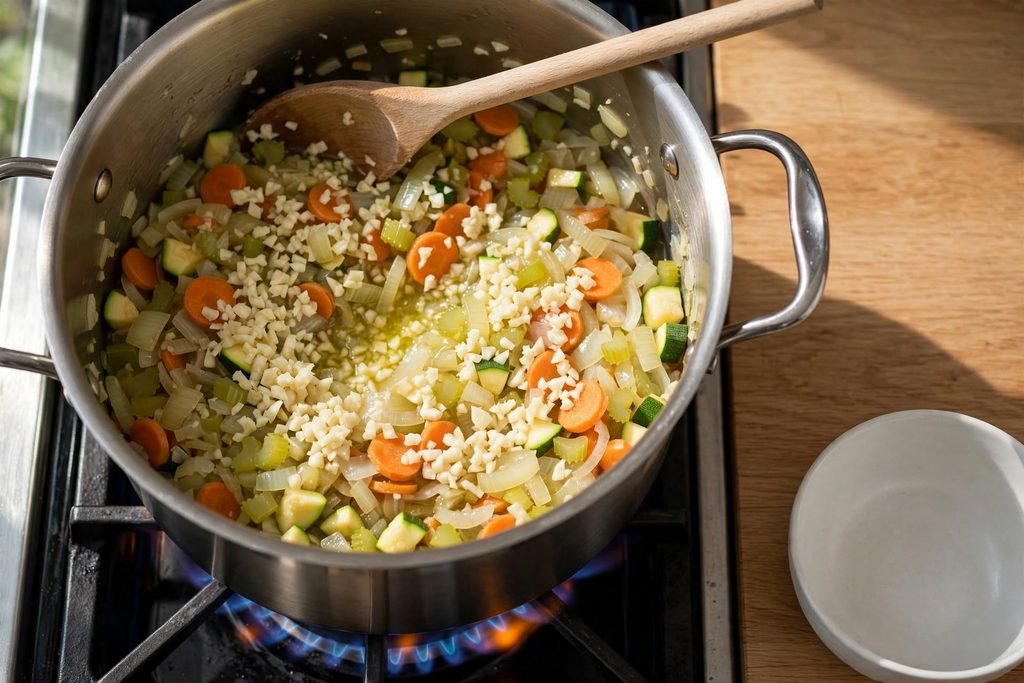 Minced garlic stirred into softened vegetables in a pot on the stove.