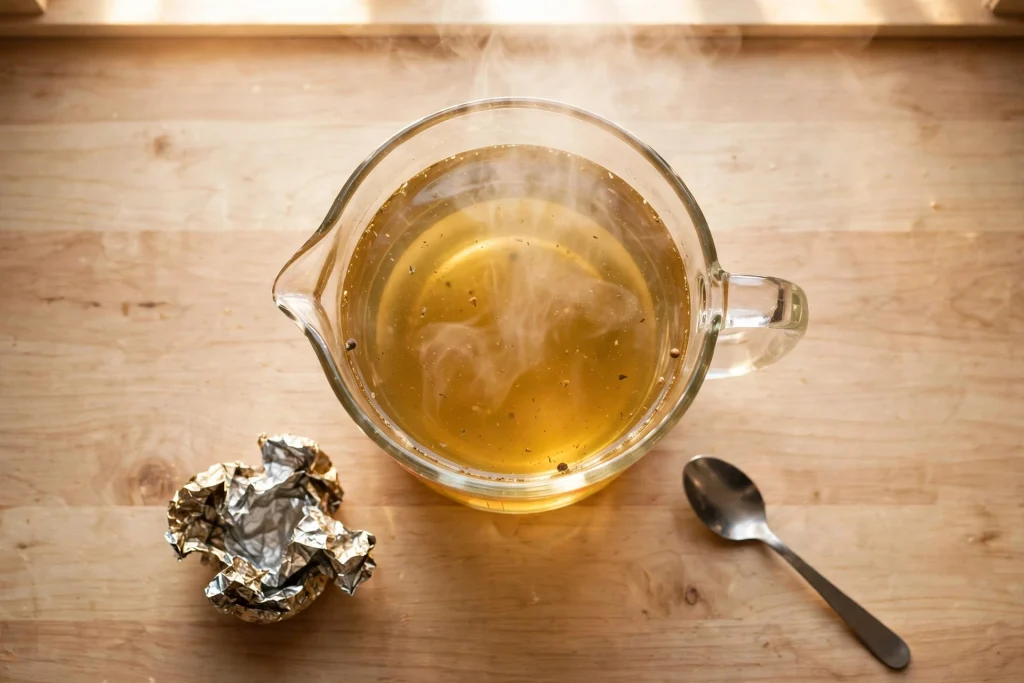 steaming golden chicken broth jug