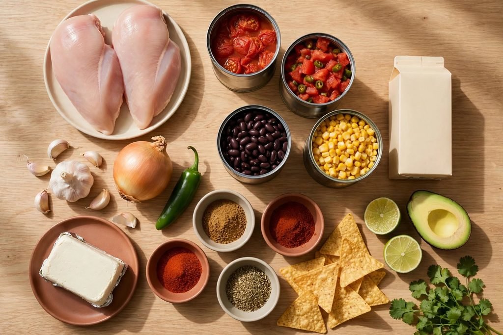 All the ingredients for chicken tortilla soup laid out flat on a light oak surface.