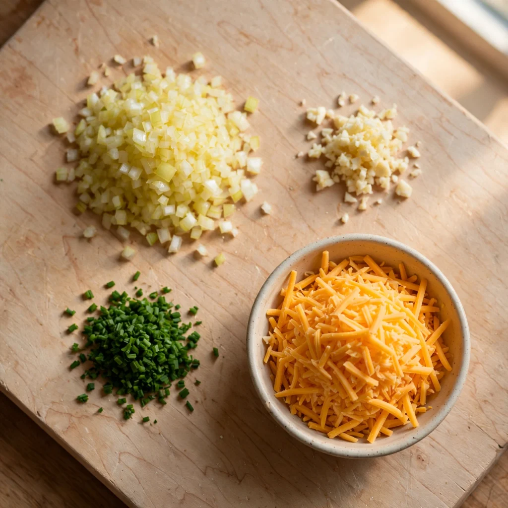 Finely diced yellow onions, minced garlic, chopped green chives and shredded cheddar cheese in ceramic bowl on light wooden cutting board