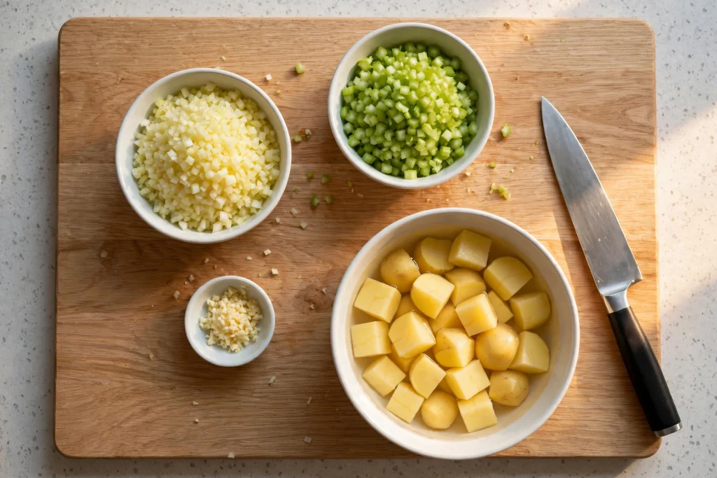 diced onion celery potatoes garlic prep cutting board