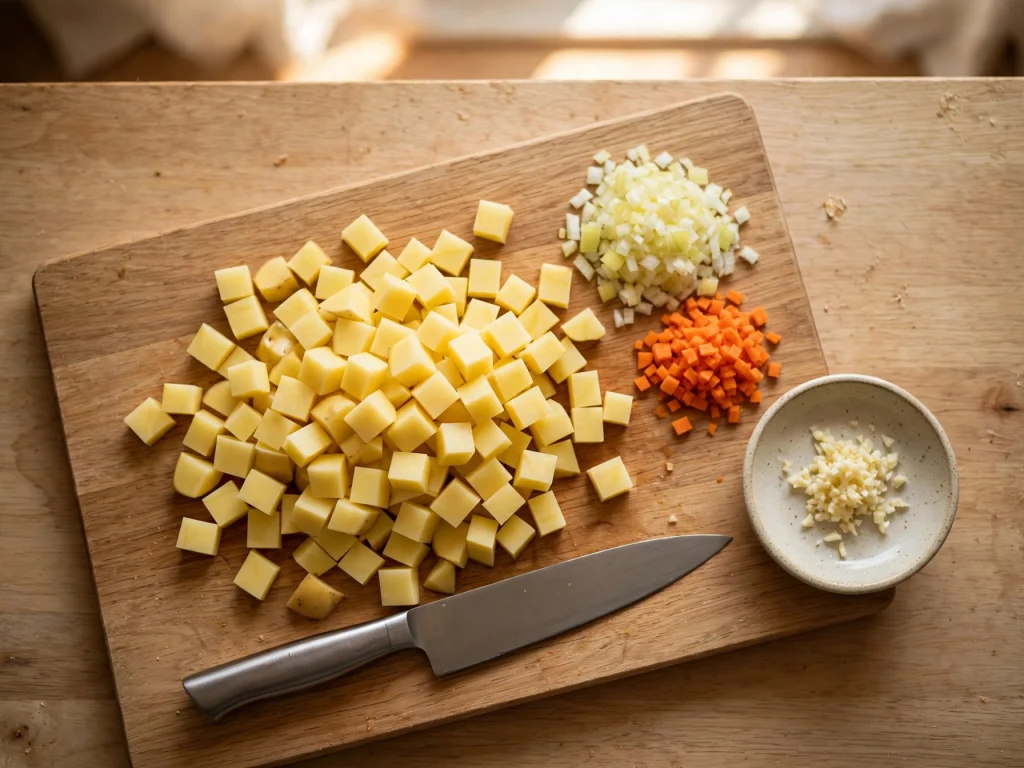 diced potatoes onions carrots garlic prep cutting board