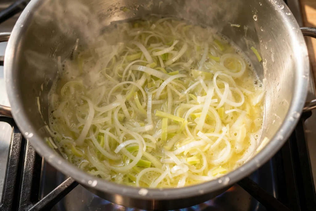 sweating leeks butter stainless pot
