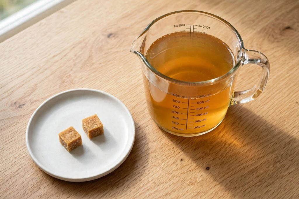 Chicken broth measured in a glass jug on a wooden counter with bouillon cubes beside it.