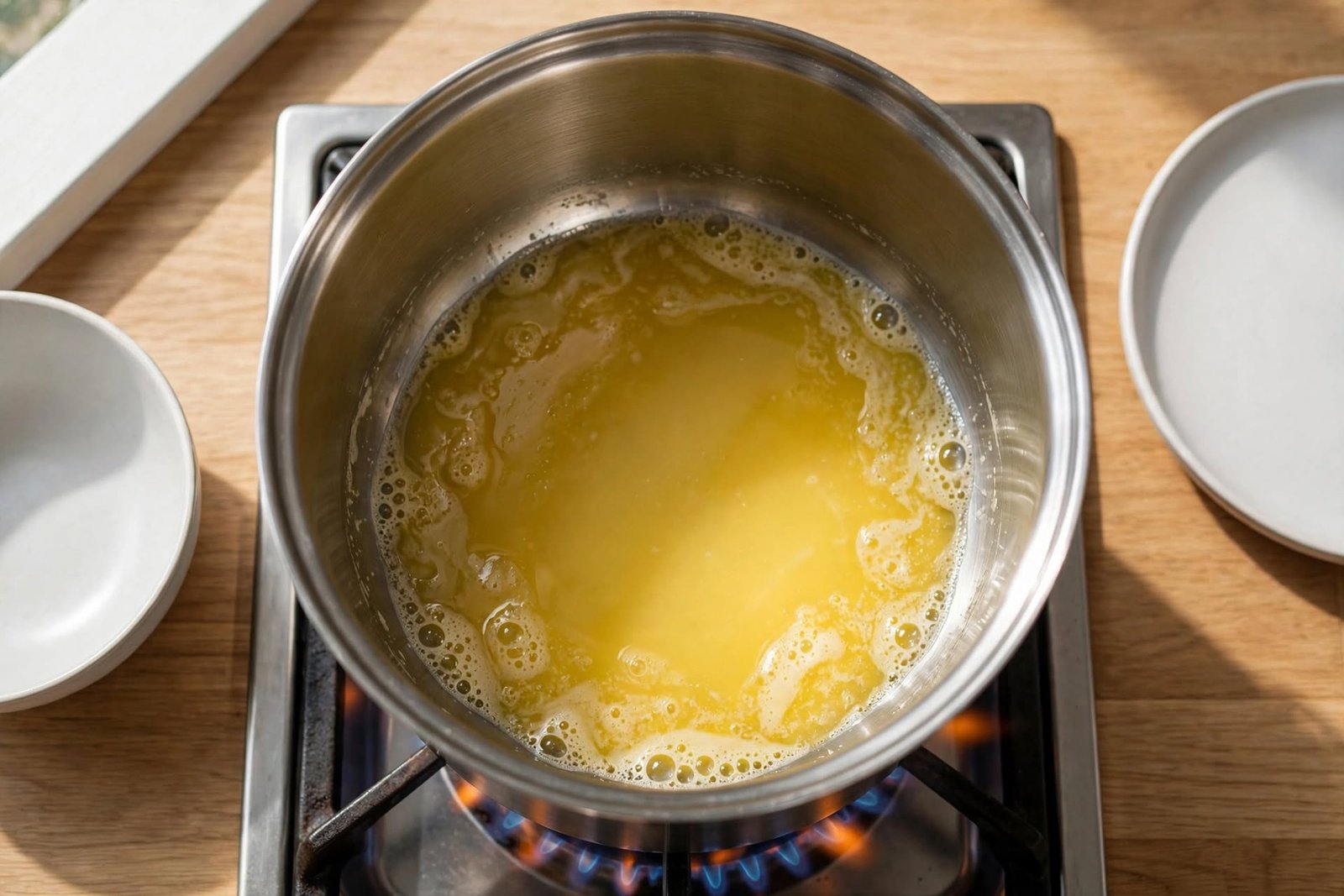 Melted butter bubbling at the edges of a large pot on the stove.