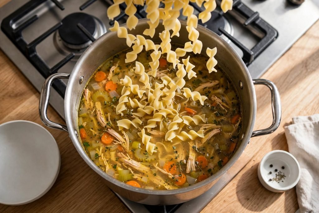Dry egg noodles being poured into a pot of chicken soup on the stove.