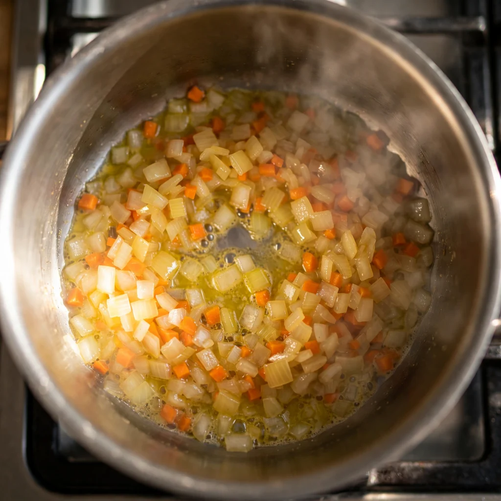 sautéing onions and carrots in pot for soup base
