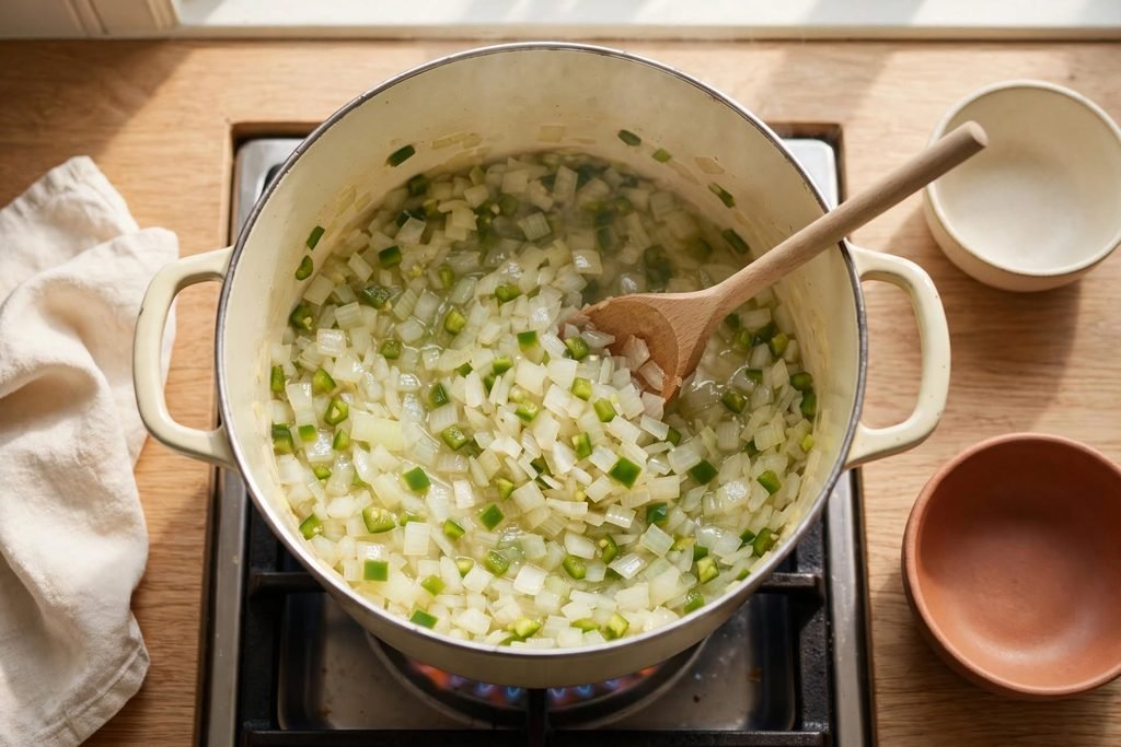 Soft, pale onion and jalapeño cooking in a large pot over medium heat.