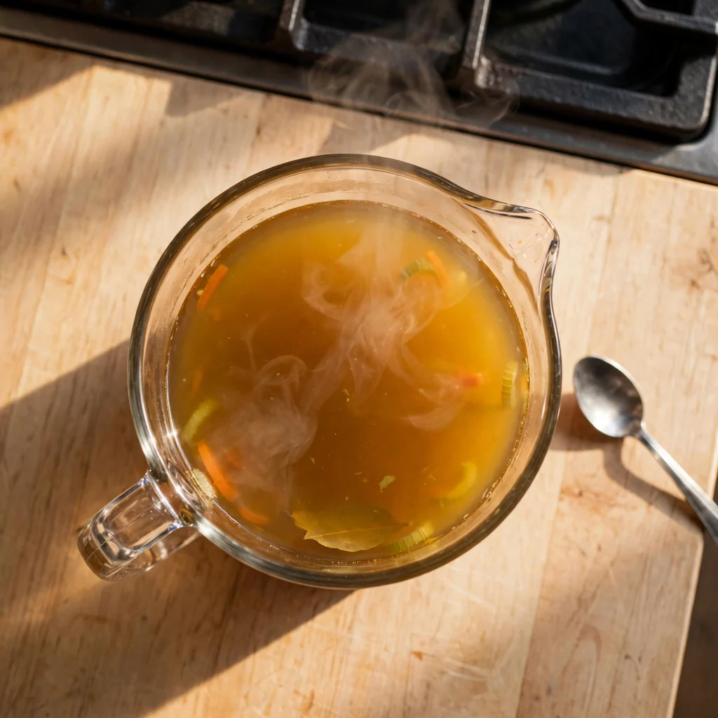 hot steaming chicken broth in glass jug with vegetables