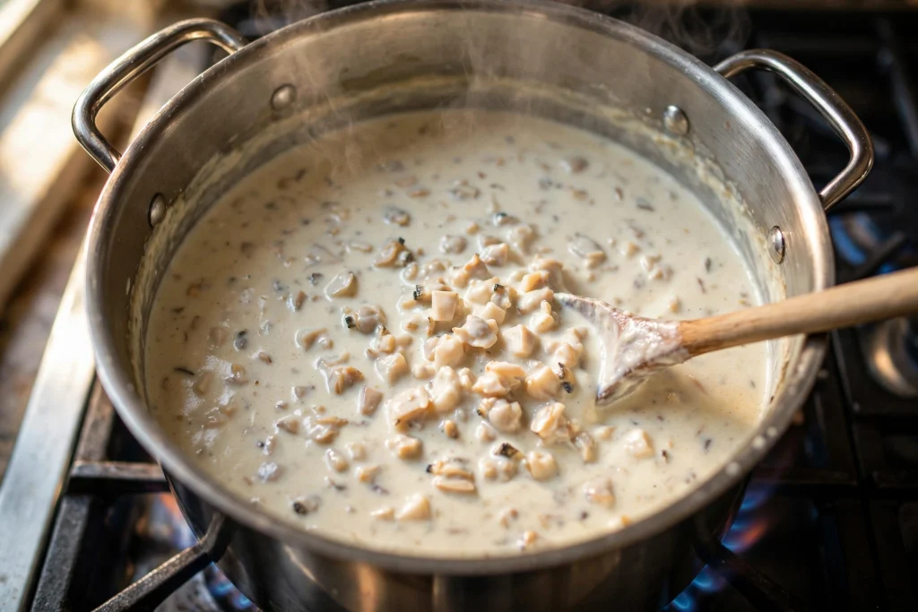 creamy clam chowder chopped clams pot stirring