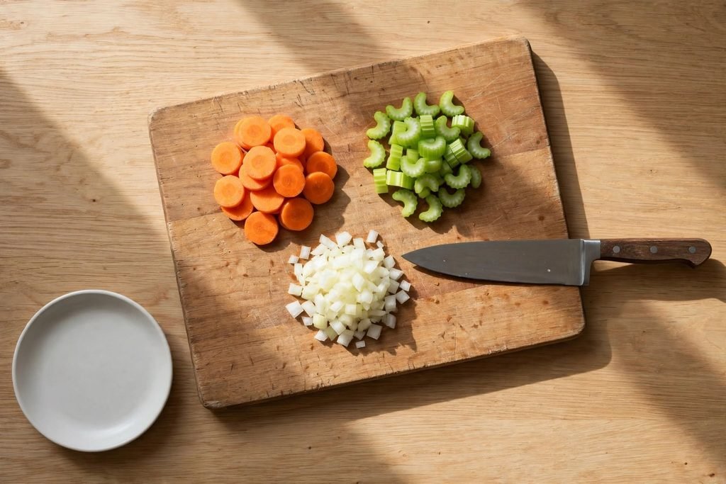 Sliced carrots, celery, and diced onion prepped on a cutting board with a chef's knife.