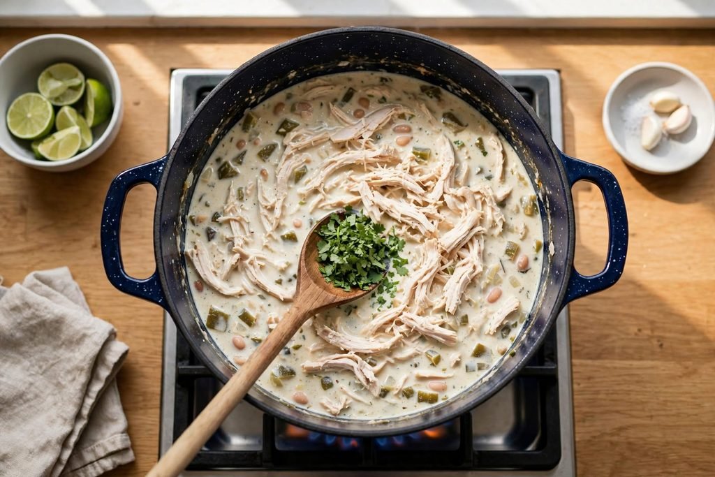 Shredded chicken and fresh cilantro being stirred into the creamy white chicken chili on the stove over low heat.