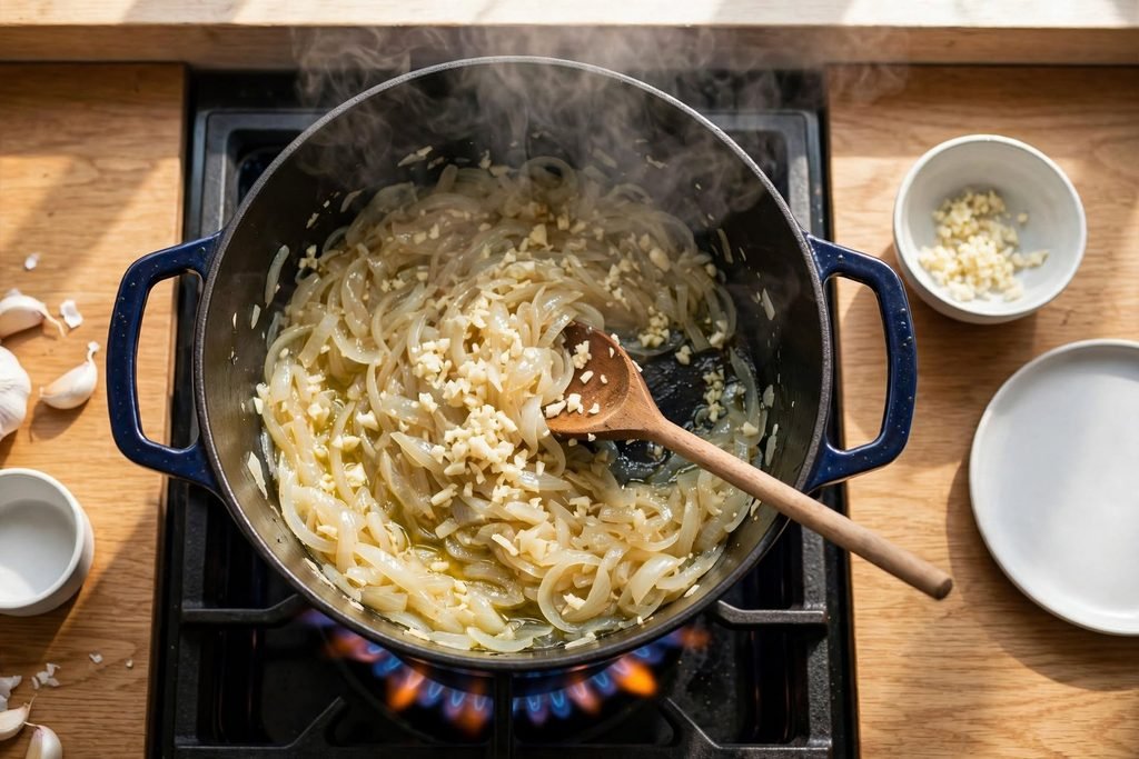 Minced garlic being stirred into soft cooked onion in a large Dutch oven on the stove.