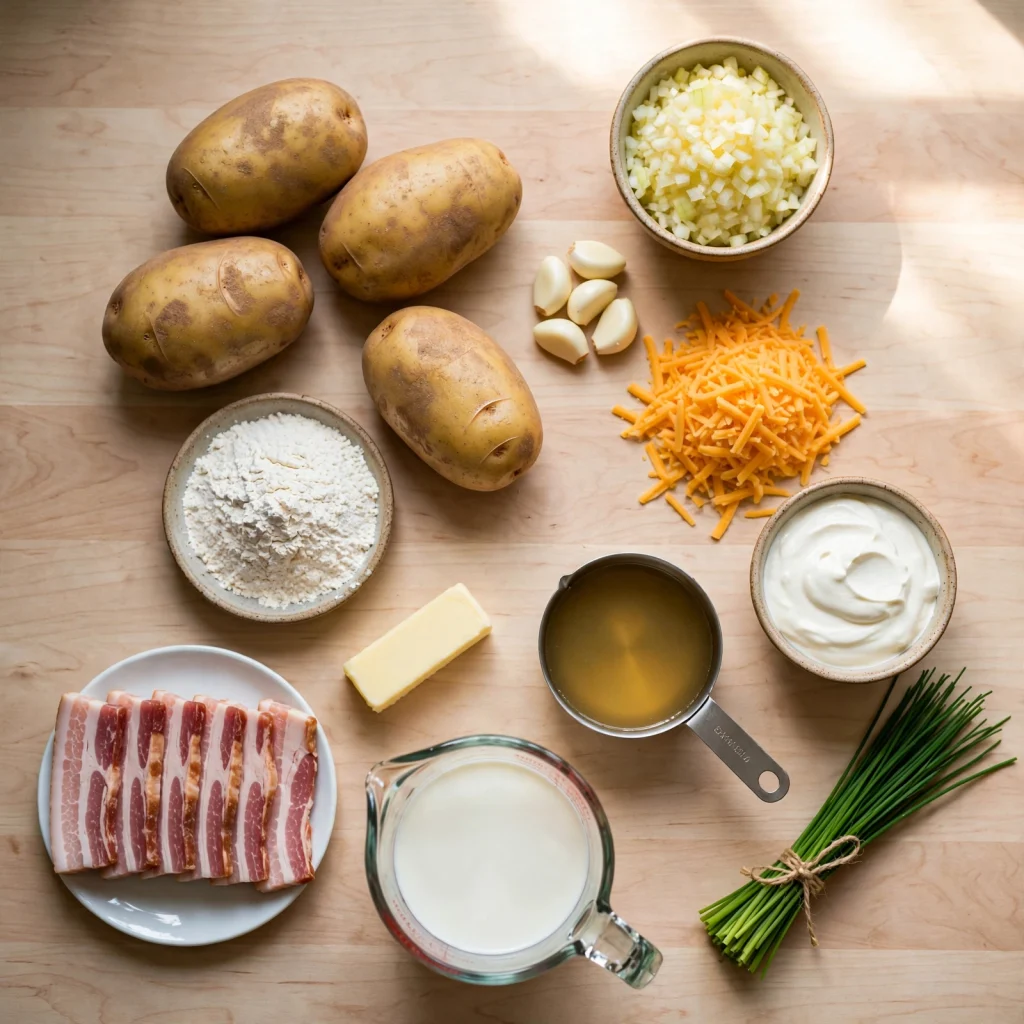 Flat lay of baked potato soup ingredients: russet potatoes, diced onions, garlic cloves, shredded cheddar, flour, butter, bacon strips, chicken broth, sour cream, milk and fresh chives on light wood table