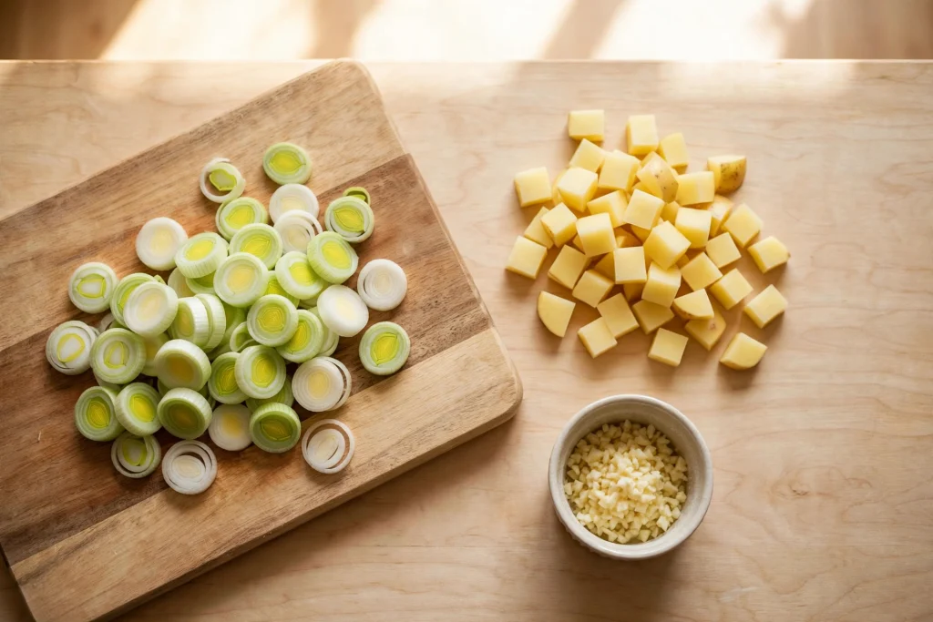 sliced leeks cubed potatoes minced garlic prep board