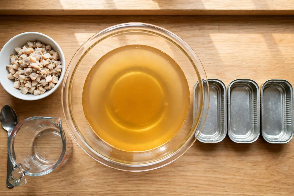 clam juice broth bowl chopped clams empty tins prep
