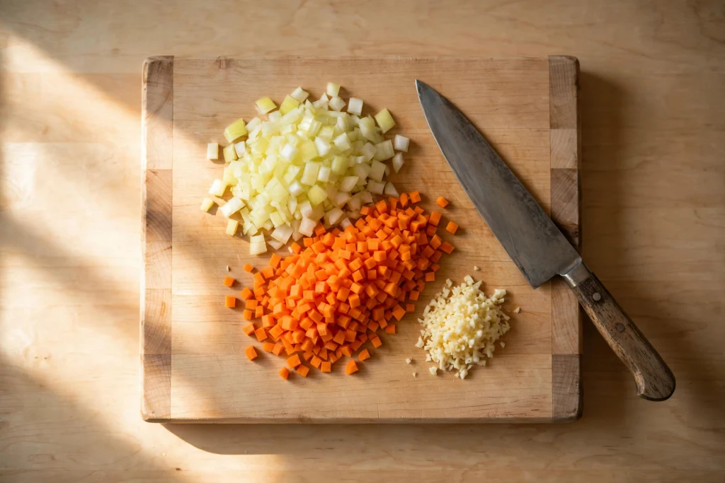 diced onion carrot garlic mirepoix prep on cutting board