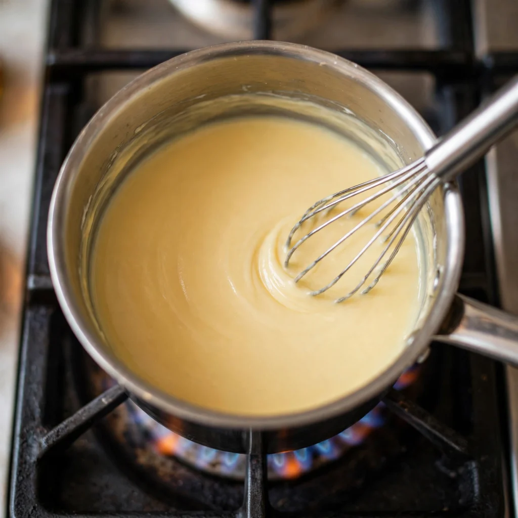 Smooth creamy roux sauce being whisked with wire whisk in stainless steel saucepan on gas stove with blue flame