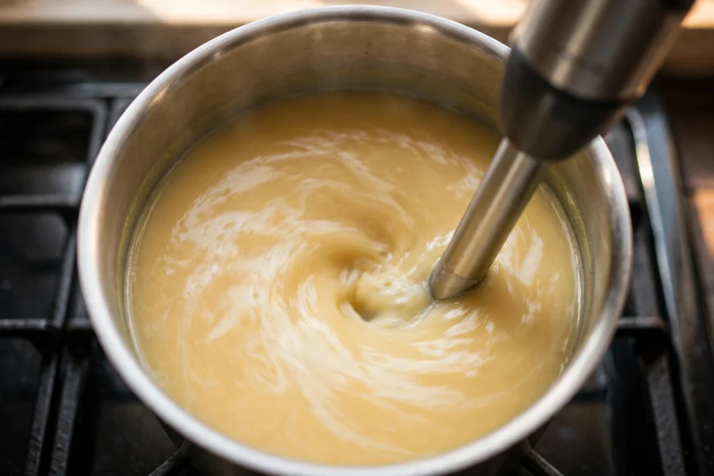 immersion blender pureeing potato leek soup swirl