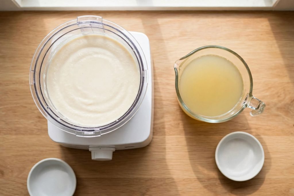 Blended white bean purée in a food processor bowl beside a measuring cup of chicken broth on a counter.