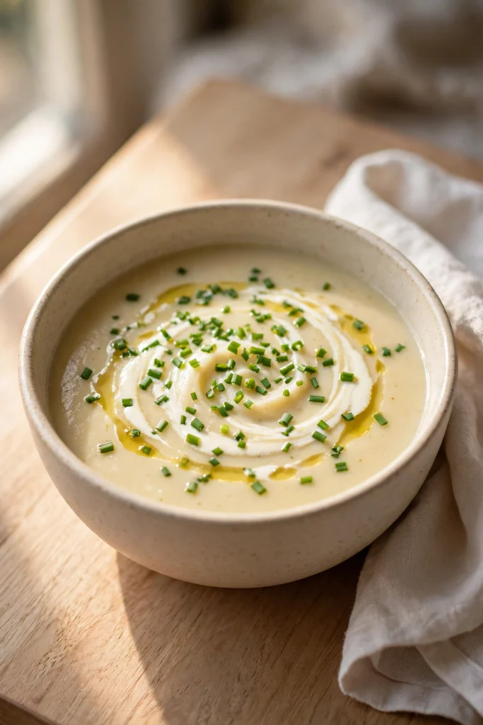 creamy potato leek soup chives cream swirl