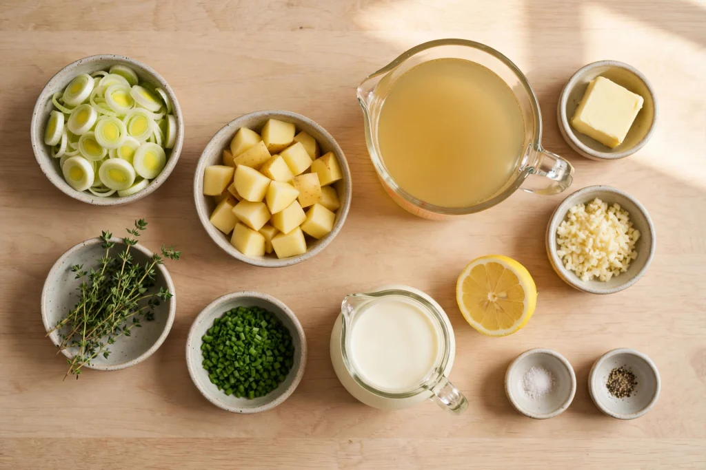 potato leek soup ingredients flatlay leeks potatoes broth cream