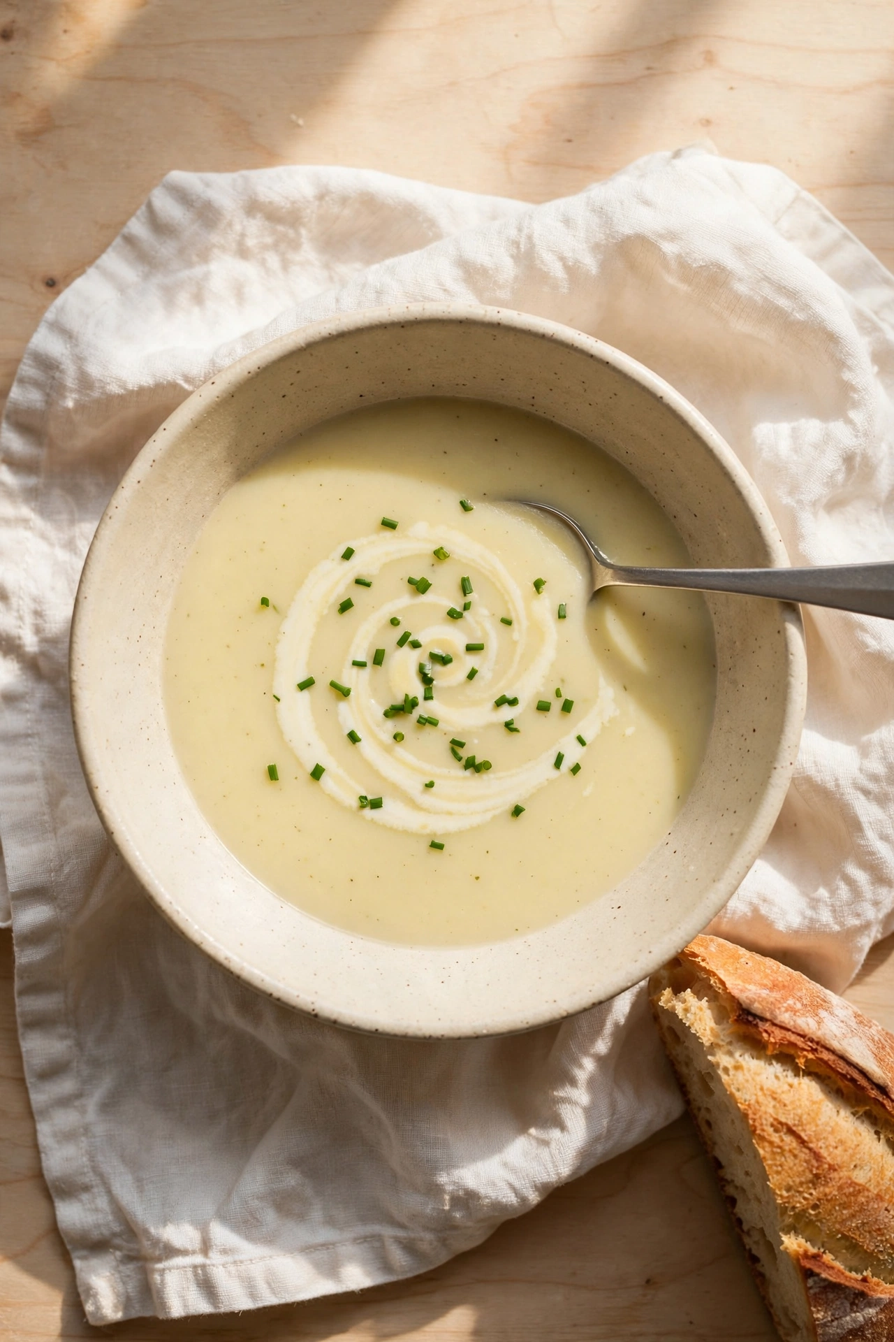 creamy potato leek soup bowl cream swirl chives bread