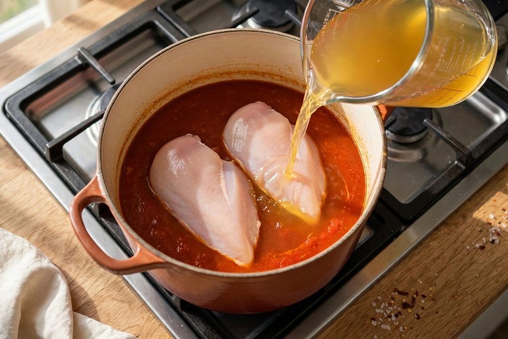 Raw chicken breasts nestled in the soup base with golden broth being poured over them.