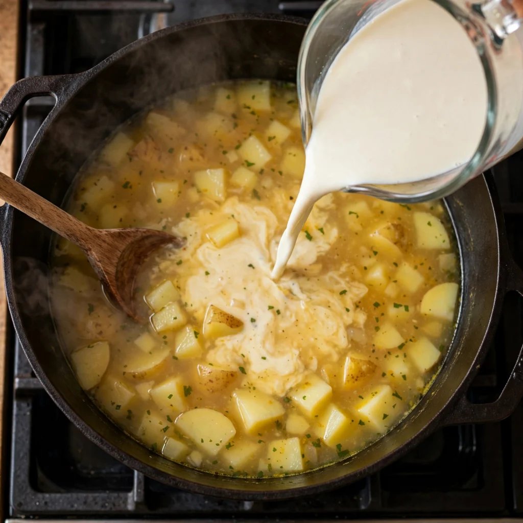 pouring cream milk into potato soup dutch oven