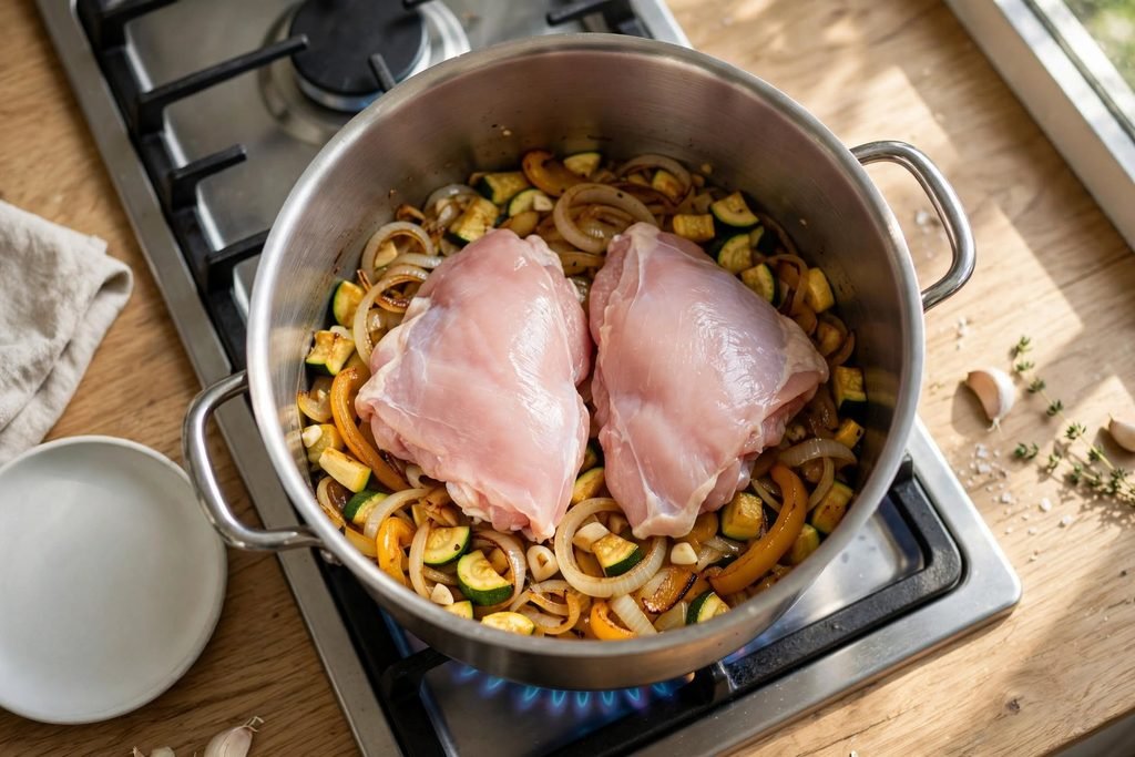 Raw chicken thighs placed over sautéed vegetables in a pot on the stove.