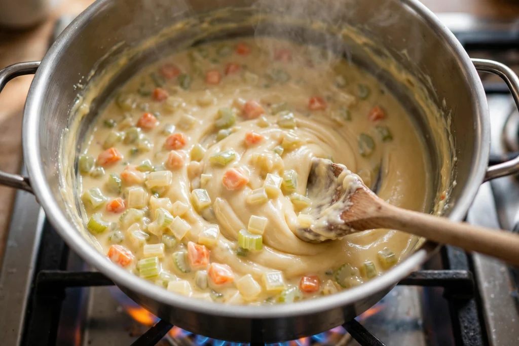 creamy vegetable roux chowder base stirring pot