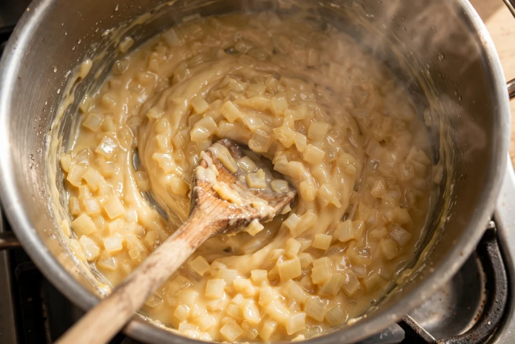 onion roux being stirred in pan