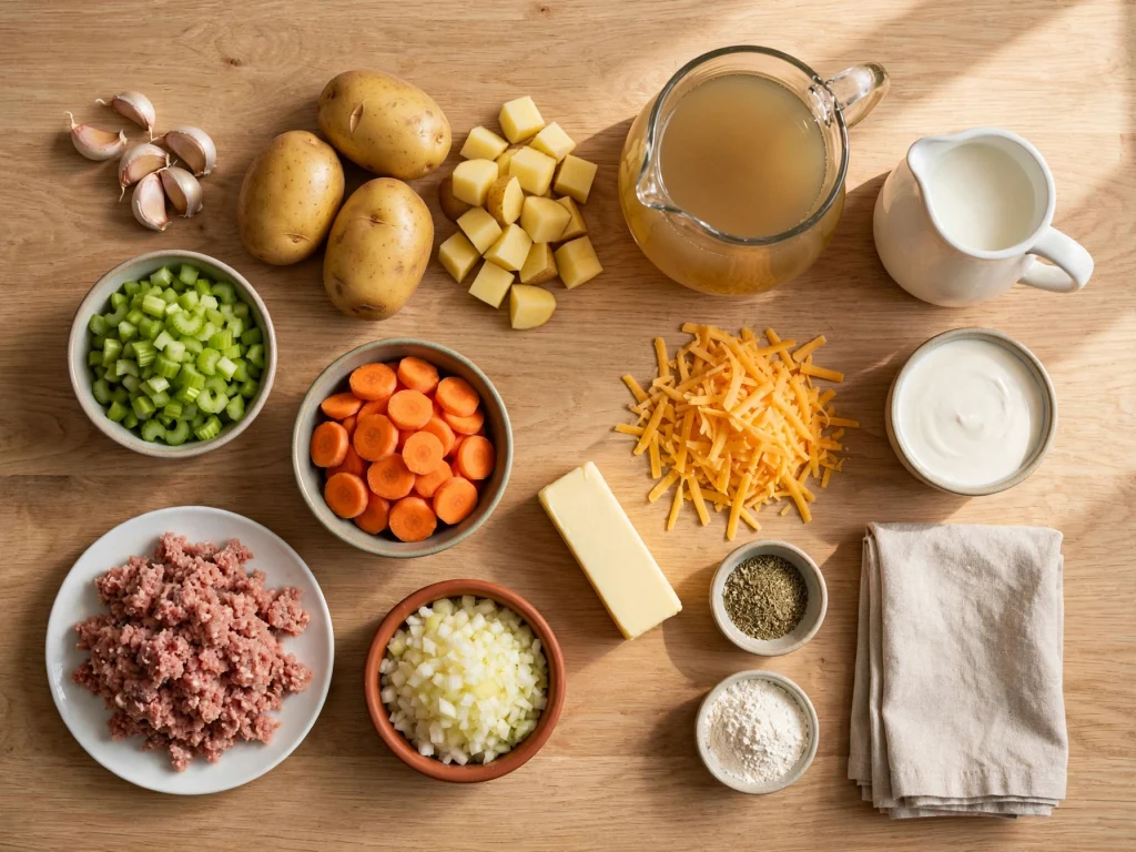 sausage potato soup ingredients flatlay potatoes carrots celery cheese broth