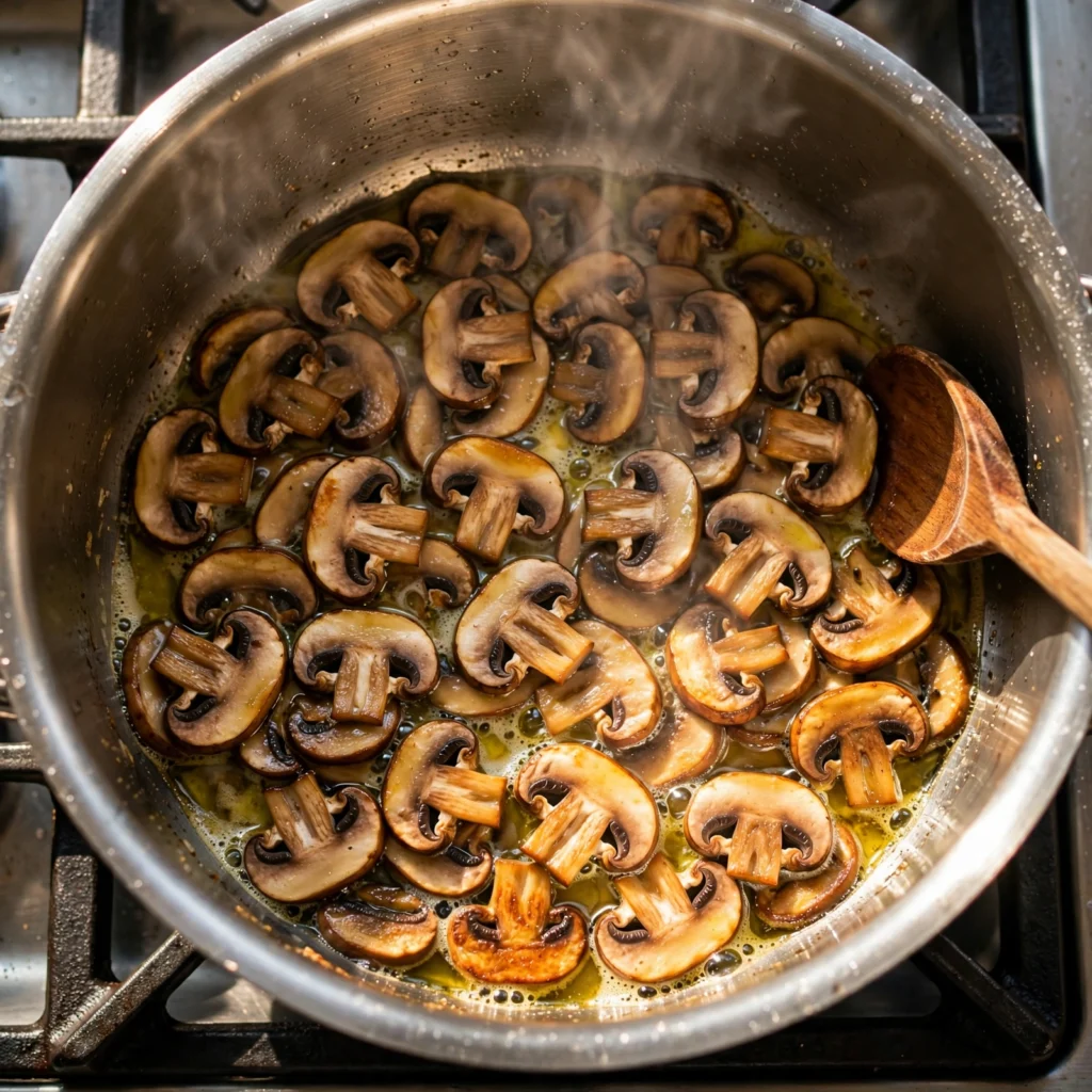 sautéing mushrooms in pan
