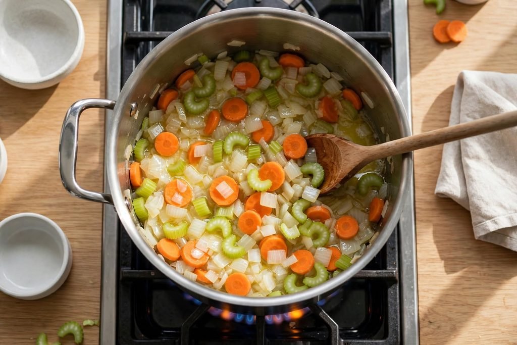 Softened onion, carrot, and celery in a large pot on the stove.
