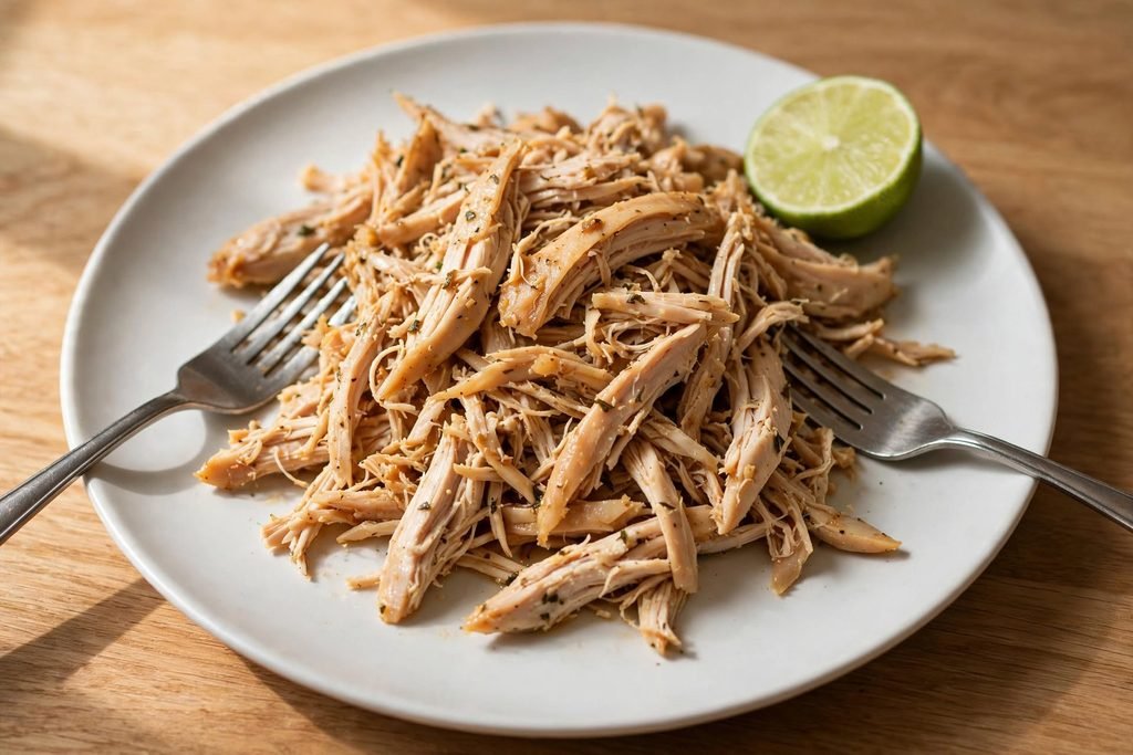 Shredded rotisserie chicken on a white ceramic plate with two forks resting beside it.