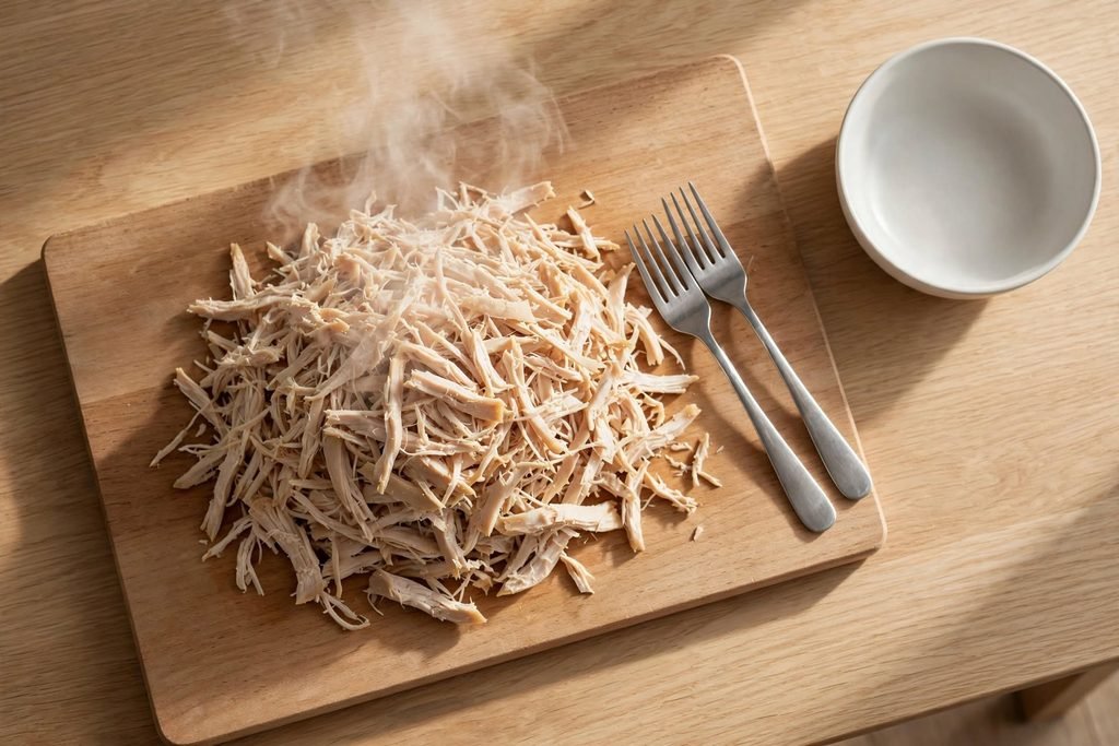 Shredded cooked chicken in a mound on a cutting board with two forks beside it.