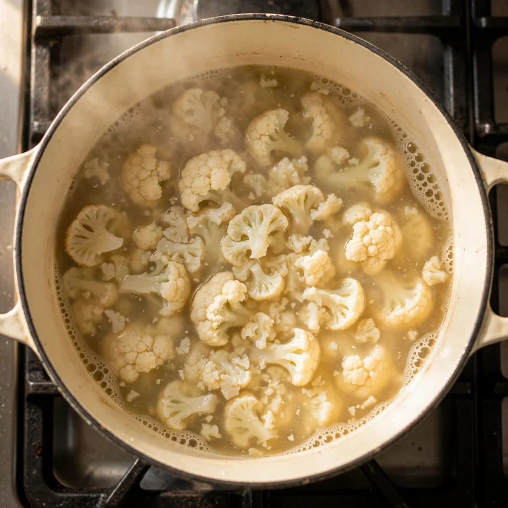cauliflower florets simmering broth dutch oven