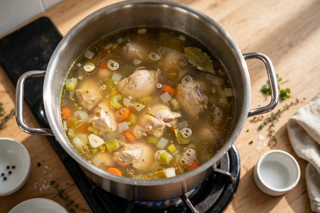Chicken soup at a gentle simmer in a large pot on the stove, small bubbles rising slowly.