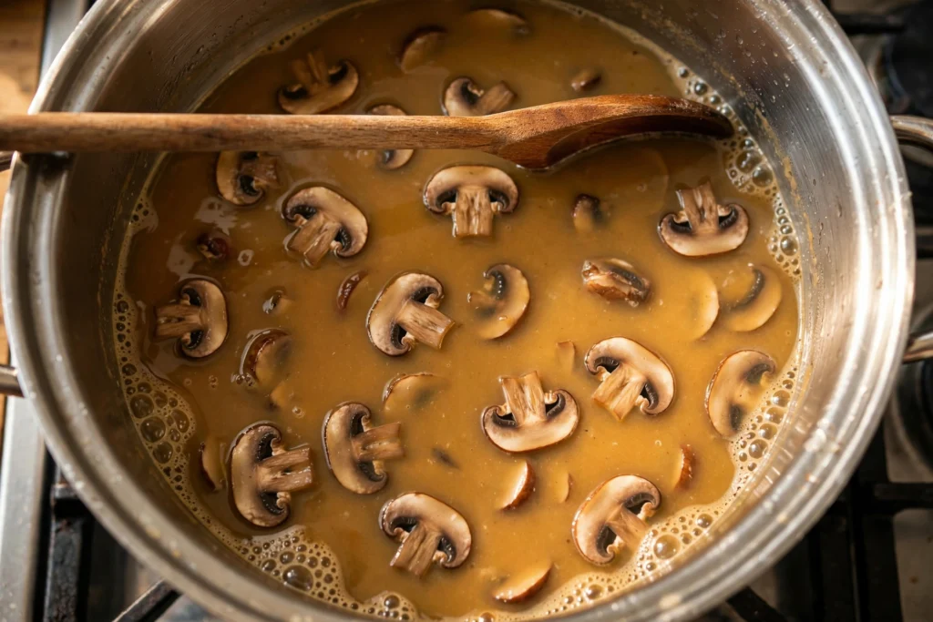 simmering cream of mushroom soup in pot