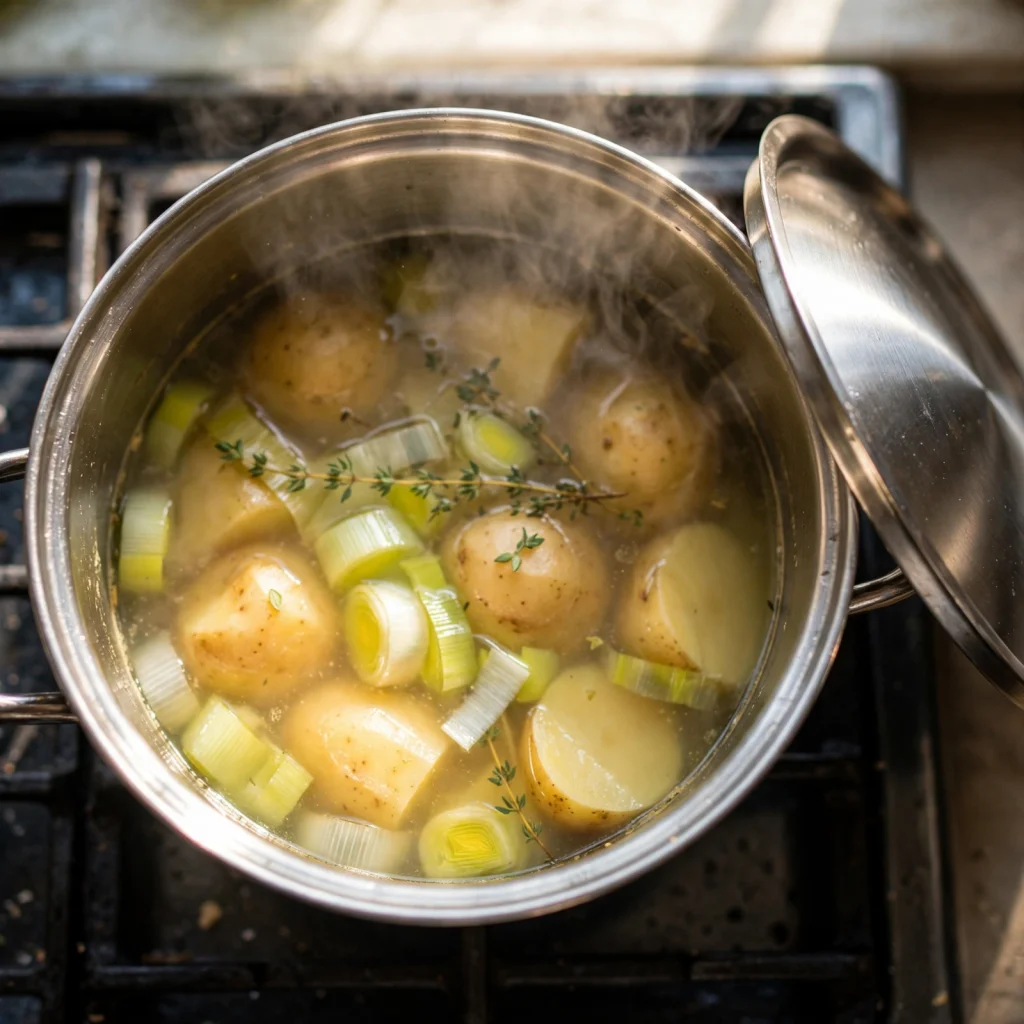 potatoes leeks simmering broth thyme pot