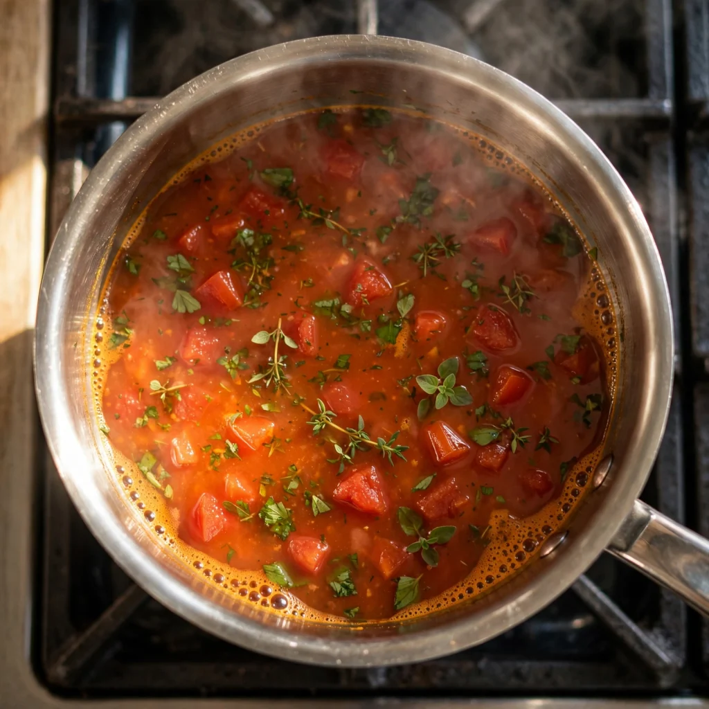 simmering tomato soup broth with herbs in pot