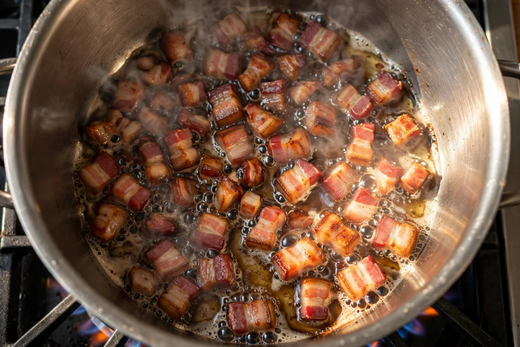 crispy bacon lardons sizzling stainless steel pot