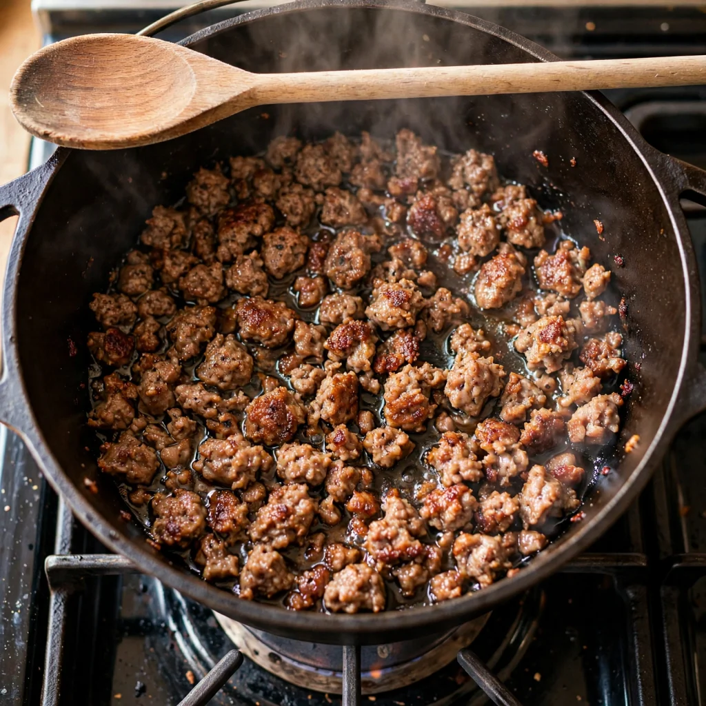 browning ground sausage in dutch oven for soup