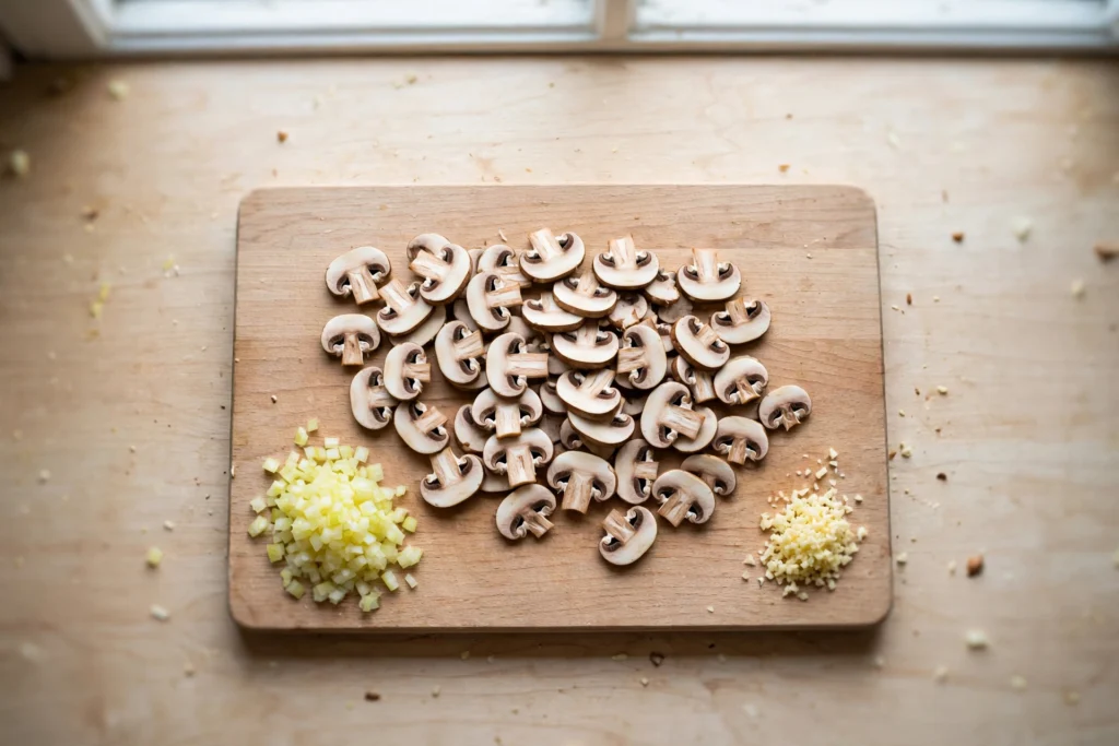 sliced mushrooms onions and garlic prepped on cutting board