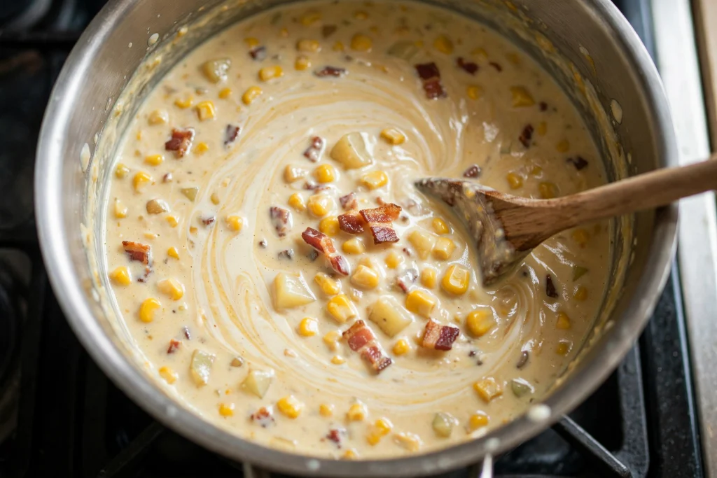 creamy corn chowder bacon swirl pot stirring