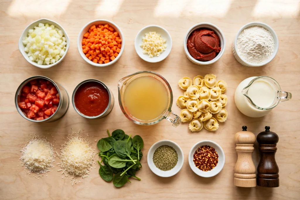 overhead flat-lay of creamy tortellini soup ingredients including cheese tortellini, canned tomatoes, spinach, parmesan, cream, broth, and vegetables on a white counter