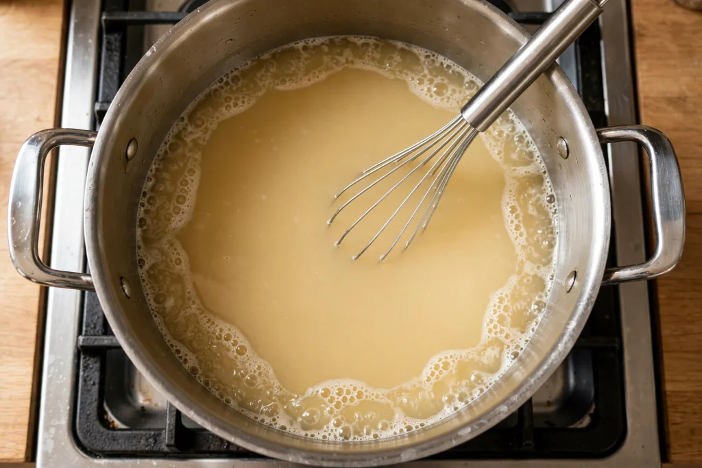 simmering clam broth Dutch oven whisk