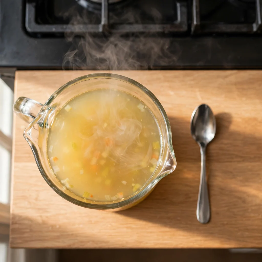 steaming hot vegetable broth glass measuring jug